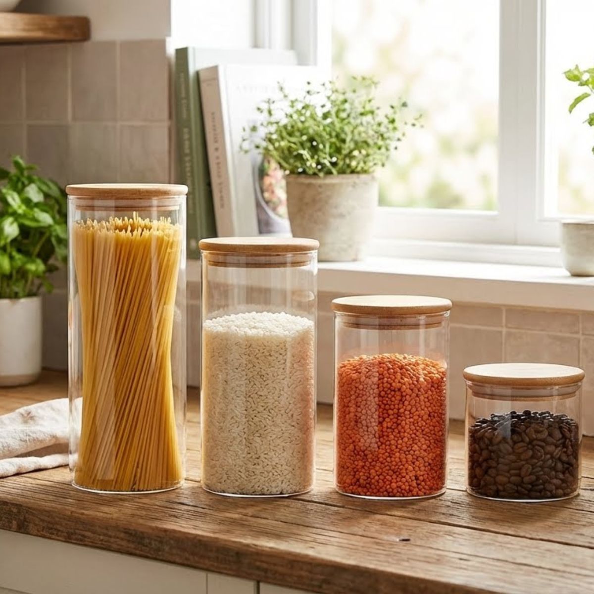 Kit 4 Potes Herméticos de Vidro com Tampa de Bambu – Organizador de Cozinha