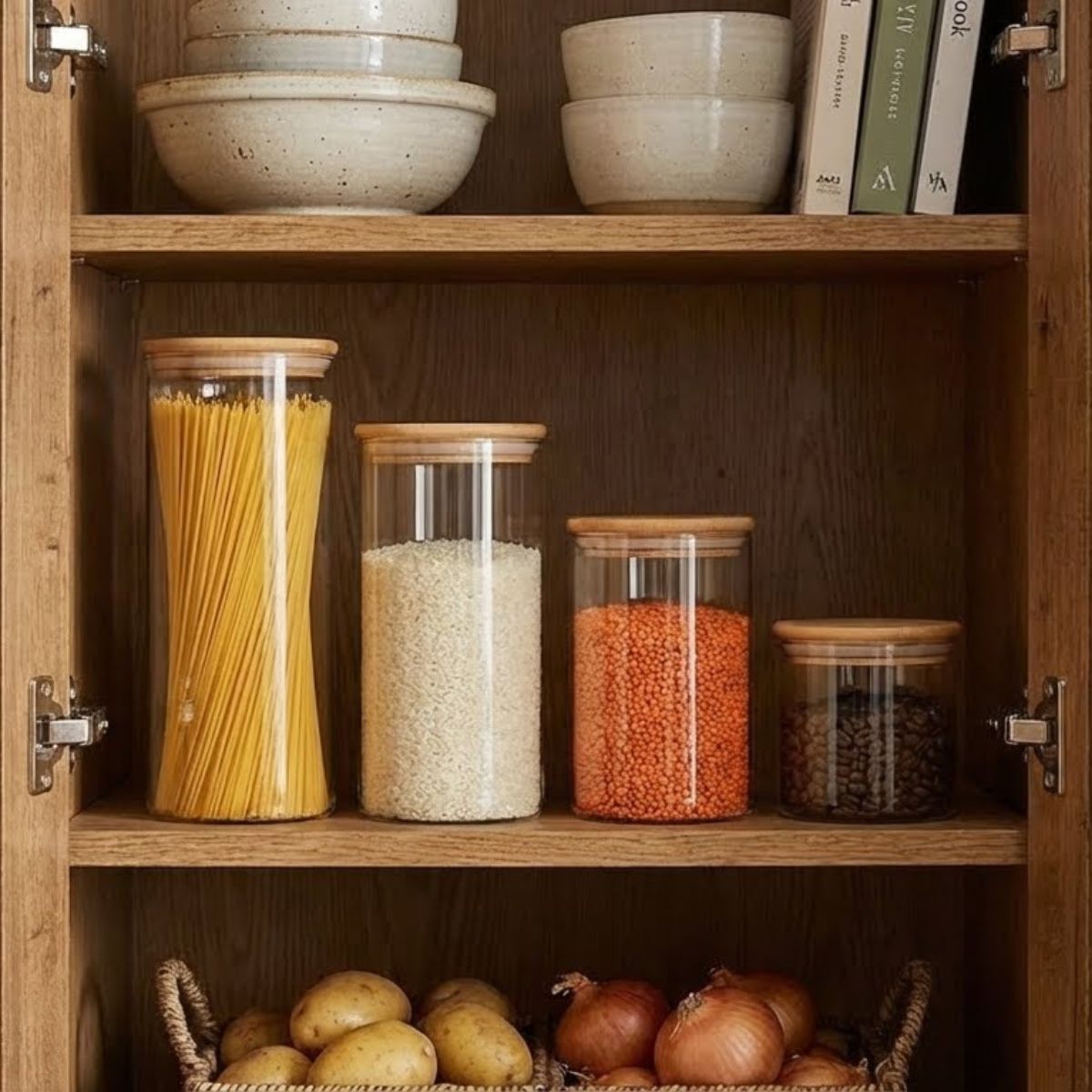 Kit 4 Potes Herméticos de Vidro com Tampa de Bambu – Organizador de Cozinha