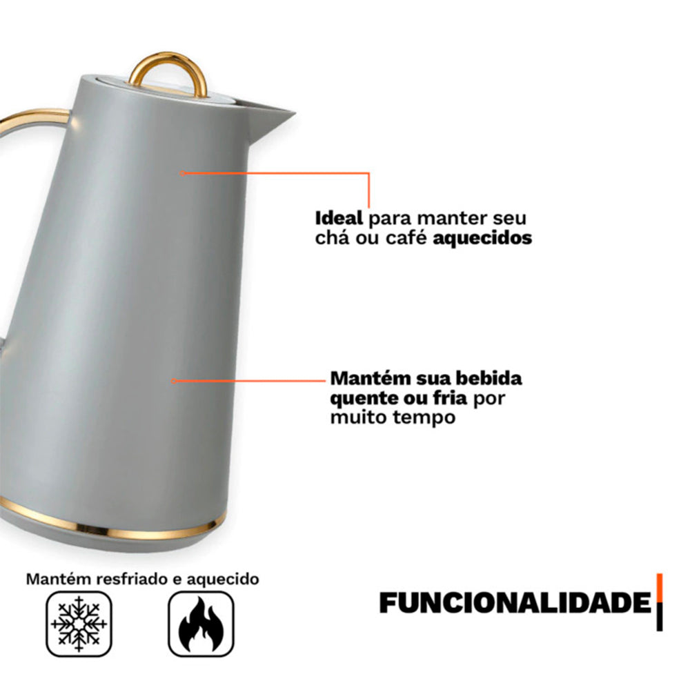 Garrafa Térmica 1L Samira Cinza - Conserva Bebidas Quentes e Frias