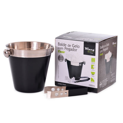 Balde de Gelo 1,5L Aço Inox Preto com Pegador Wincy