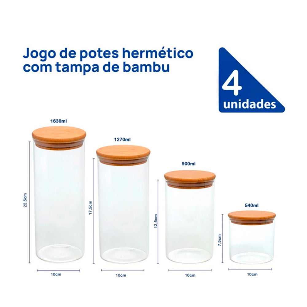 Conjunto 4 Potes Herméticos de Vidro com Tampa de Bambu Zen VD24476