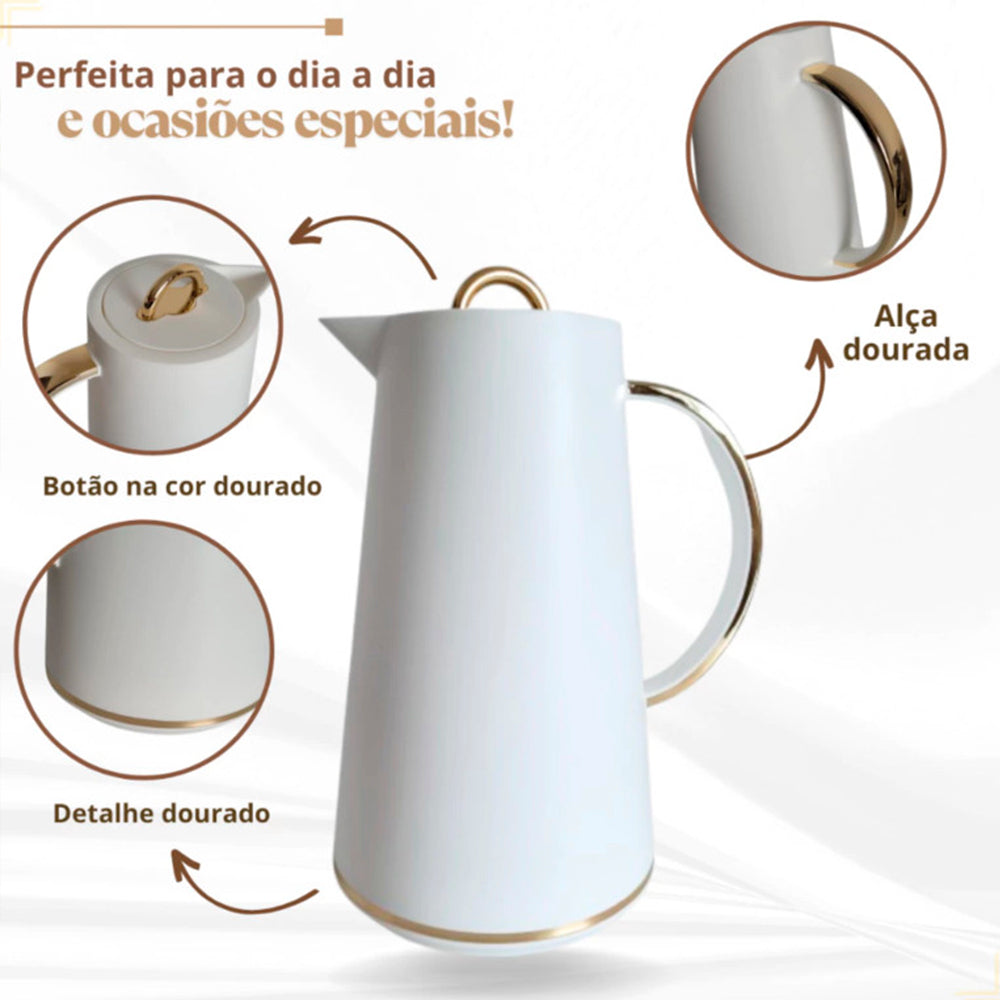 Garrafa Térmica 1L Samira Branca e Dourada - Conserva Bebidas Quentes e Frias