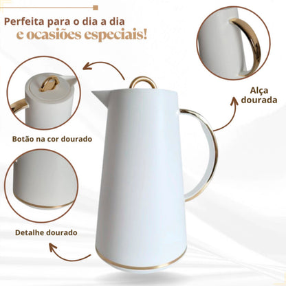 Garrafa Térmica 1L Samira Branca e Dourada - Conserva Bebidas Quentes e Frias