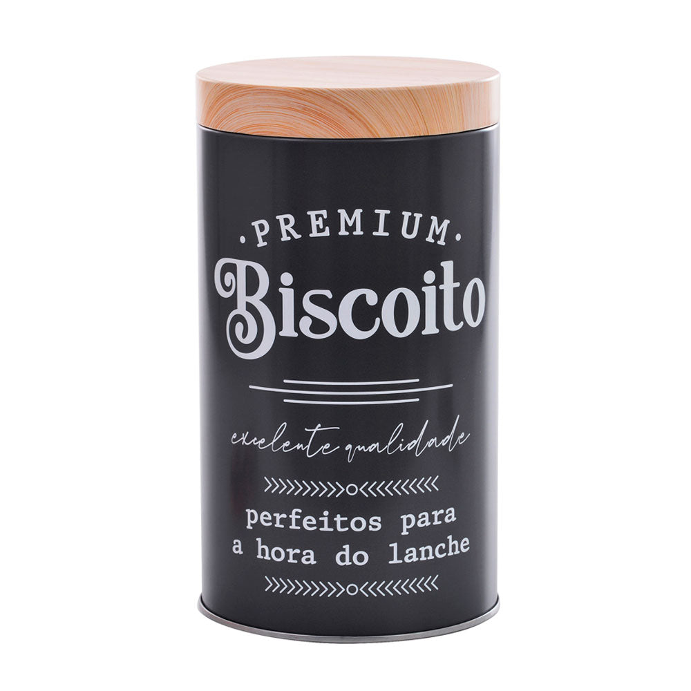 Lata de Biscoitos Dolci Mai Home Preta Redonda 10x17,5cm Aço Carbono