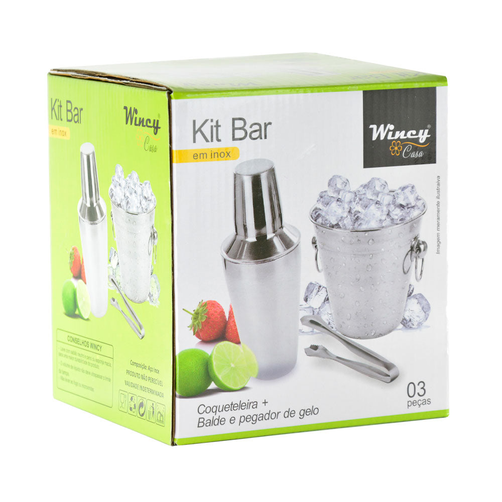 Kit Barman Coqueteleira 500ml Aço Inox Wincy - Balde e Pegador de Gelo
