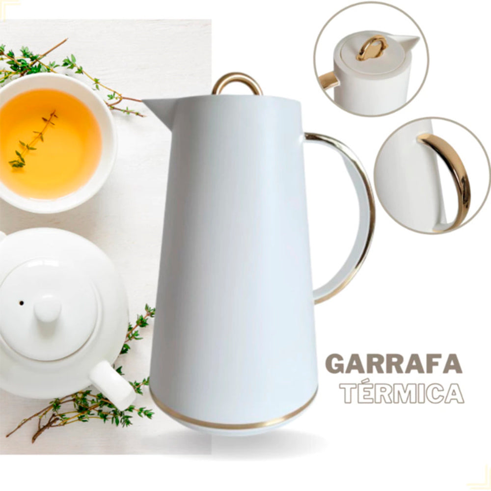 Garrafa Térmica 1L Samira Branca e Dourada - Conserva Bebidas Quentes e Frias
