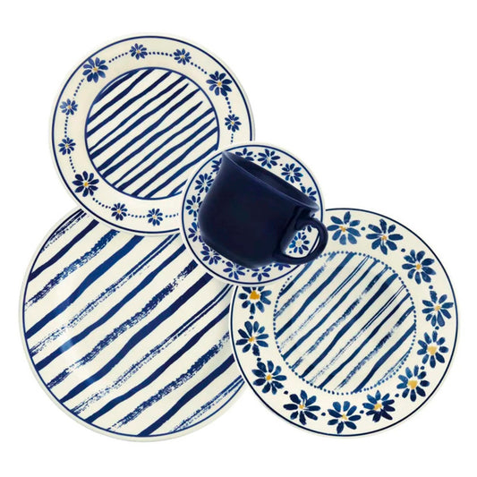 Aparelho de Jantar Chá 20 Peças Donna Margaridas Cerâmica Decorada