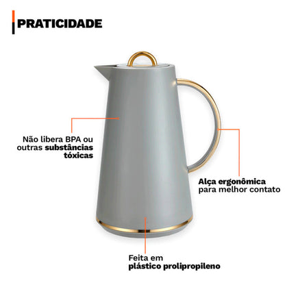 Garrafa Térmica 1L Samira Cinza - Conserva Bebidas Quentes e Frias
